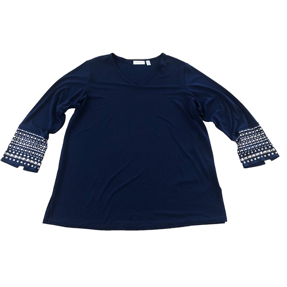 Susan Graver Liquid Knit Tunic Women's Size 1X Embellished Bracelet Sleeve Blue